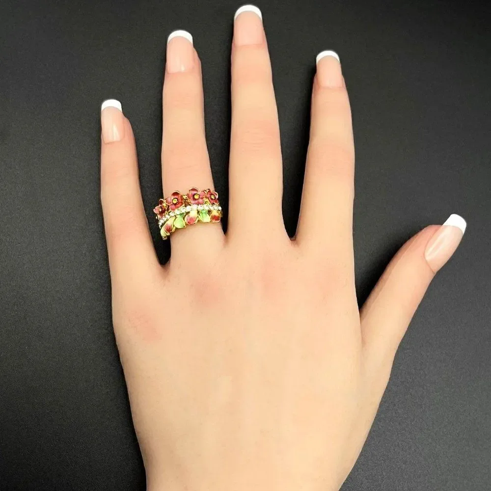 Yellow Gold with Citrine and Diamond Crystal Enamel Leaf and Flower Ring Size 6